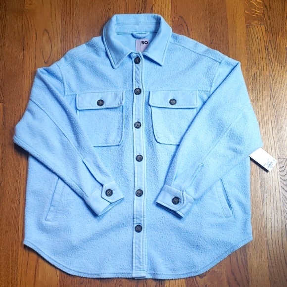 SO Tops - NWT Baby Blue Cozy Fleece Shacket Size Medium Button Up Long Sleeve SO